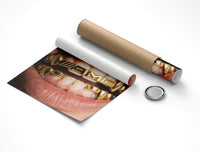 Flat lay of a rolled AMG grillz poster with a cardboard tube and black cap on a white background