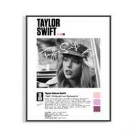 Flat lay of Taylor Swift 1989 biography poster in a black frame resting on a light surface