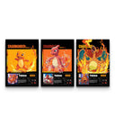 Flat lay of three Pokemon evolution posters showing Charmander, Charmeleon, and Charizard side by side