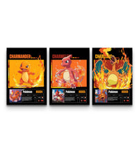 Flat lay of three Pokemon evolution posters showing Charmander, Charmeleon, and Charizard side by side