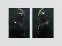 Flat lay of two golden ronin samurai posters side by side showing both warrior portraits