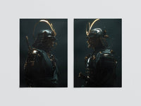 Flat lay of two golden ronin samurai prints side by side showing both warrior portraits