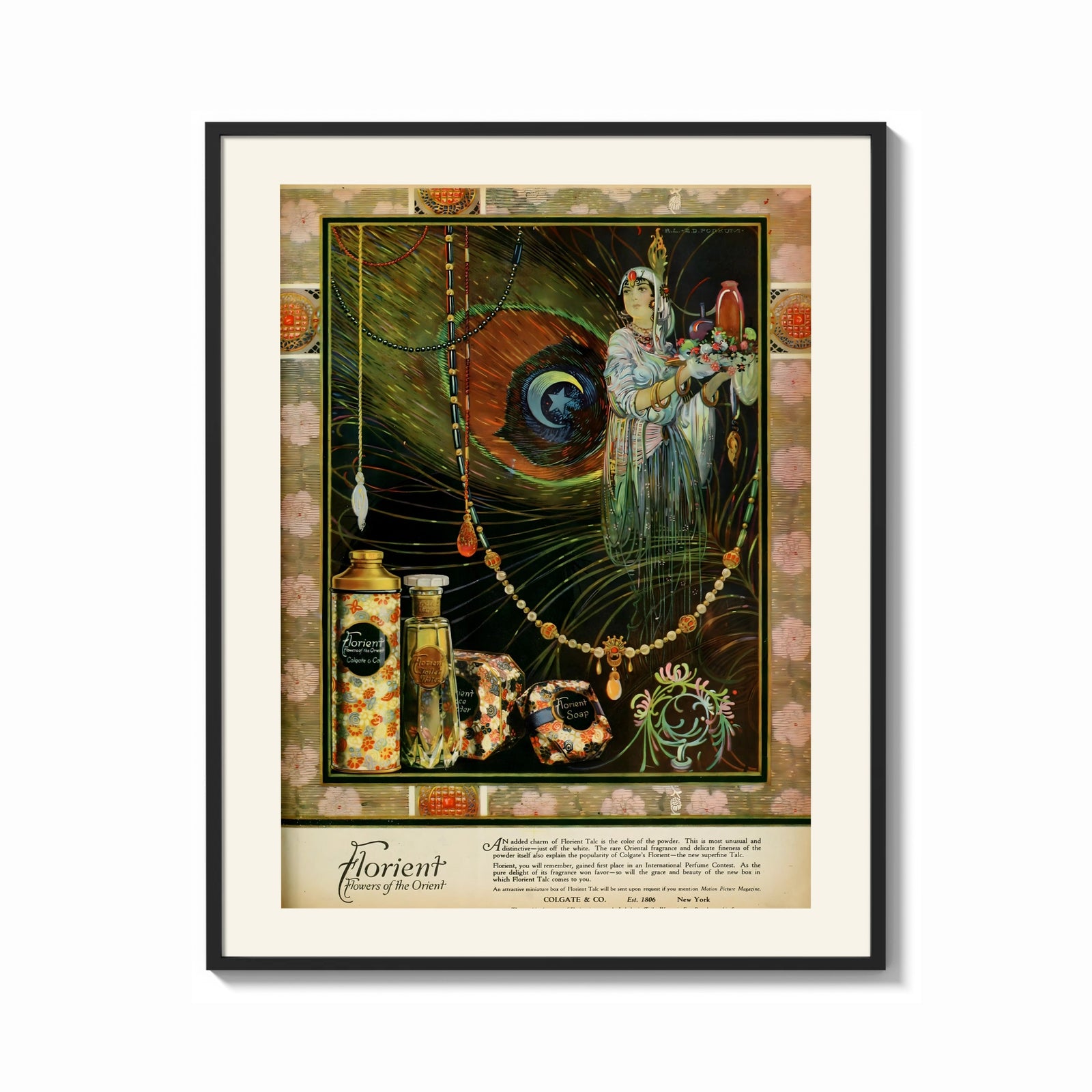 Framed Oriental woman with peacock feather print shown as a bold statement piece on a clean gallery wall