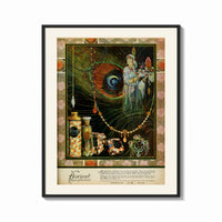 Framed Oriental woman with peacock feather print shown as a bold statement piece on a clean gallery wall