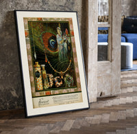 Oriental woman with peacock feather print in a black frame leaning beside a vintage door on parquet