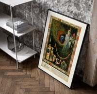 Oriental woman with peacock feather poster in a black frame leaning beside a shelf in a raw-plaster loft
