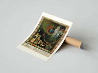 Rolled Oriental woman with peacock feather poster beside its crush-resistant kraft shipping tube
