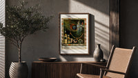Oriental woman with peacock feather poster framed above a fluted sideboard beside an olive tree