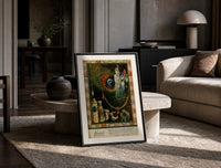 Oriental woman with peacock feather print in a black frame leaning on a travertine table in a sunlit lounge