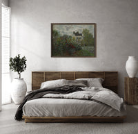 Impressionist flower garden with house print in a dark wood frame above a rattan bed on a plaster wall