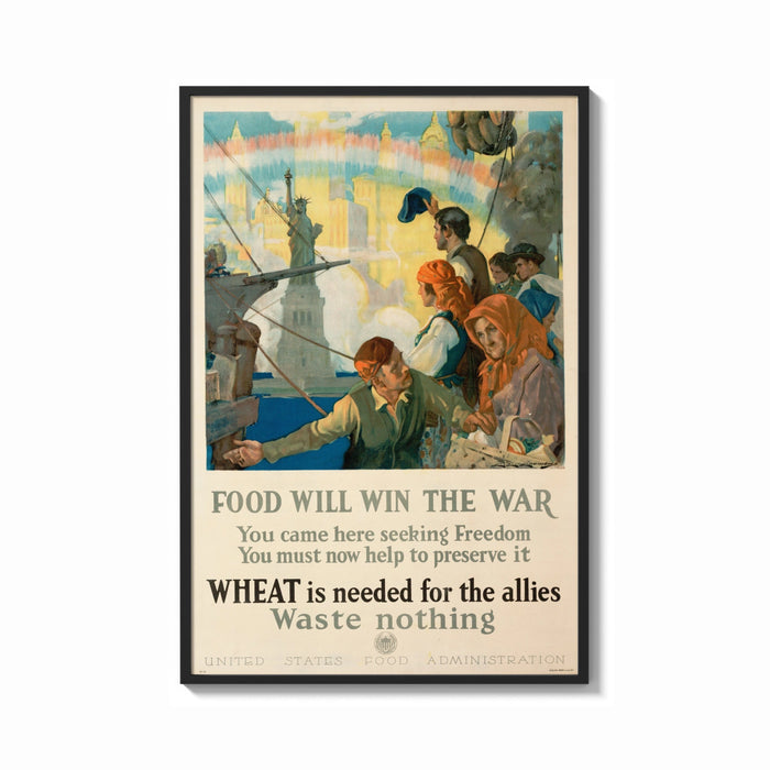 Framed Food Will Win the War print shown as a bold statement piece on a clean gallery wall