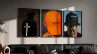 Forgiven and Trusting God Set of 3 in black frames on a grey wall above a leather sofa