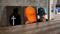 Forgiven and Trusting God Set of 3 leaning on parquet beside a vintage loft door