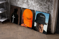 Forgiven and Trusting God Set of 3 as black-framed prints leaning against a raw-plaster wall