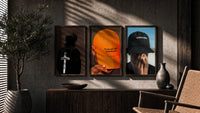 Forgiven and Trusting God Set of 3 in walnut frames above a sideboard in a warm room