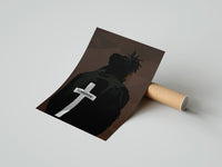 Gently curled Forgiven Cross Hoodie print beside its protective shipping tube