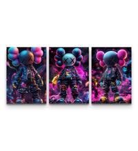 Three-panel KAWS-style poster set with battle-ready figures in neon purple and pink smoke