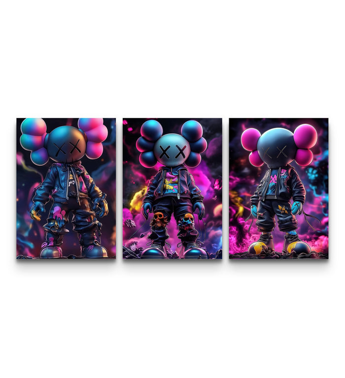 Three-panel KAWS-style poster set with battle-ready figures in neon purple and pink smoke