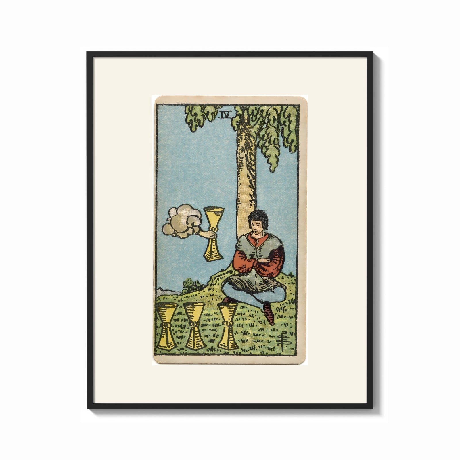Framed Seated man under tree with cups print shown as a bold statement piece on a clean gallery wall
