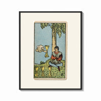 Framed Seated man under tree with cups print shown as a bold statement piece on a clean gallery wall