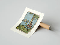 Rolled Seated man under tree with cups poster beside its crush-resistant kraft shipping tube