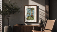 Seated man under tree with cups poster framed above a fluted sideboard beside an olive tree
