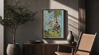 Four of Cups poster framed above a fluted sideboard beside a potted tree