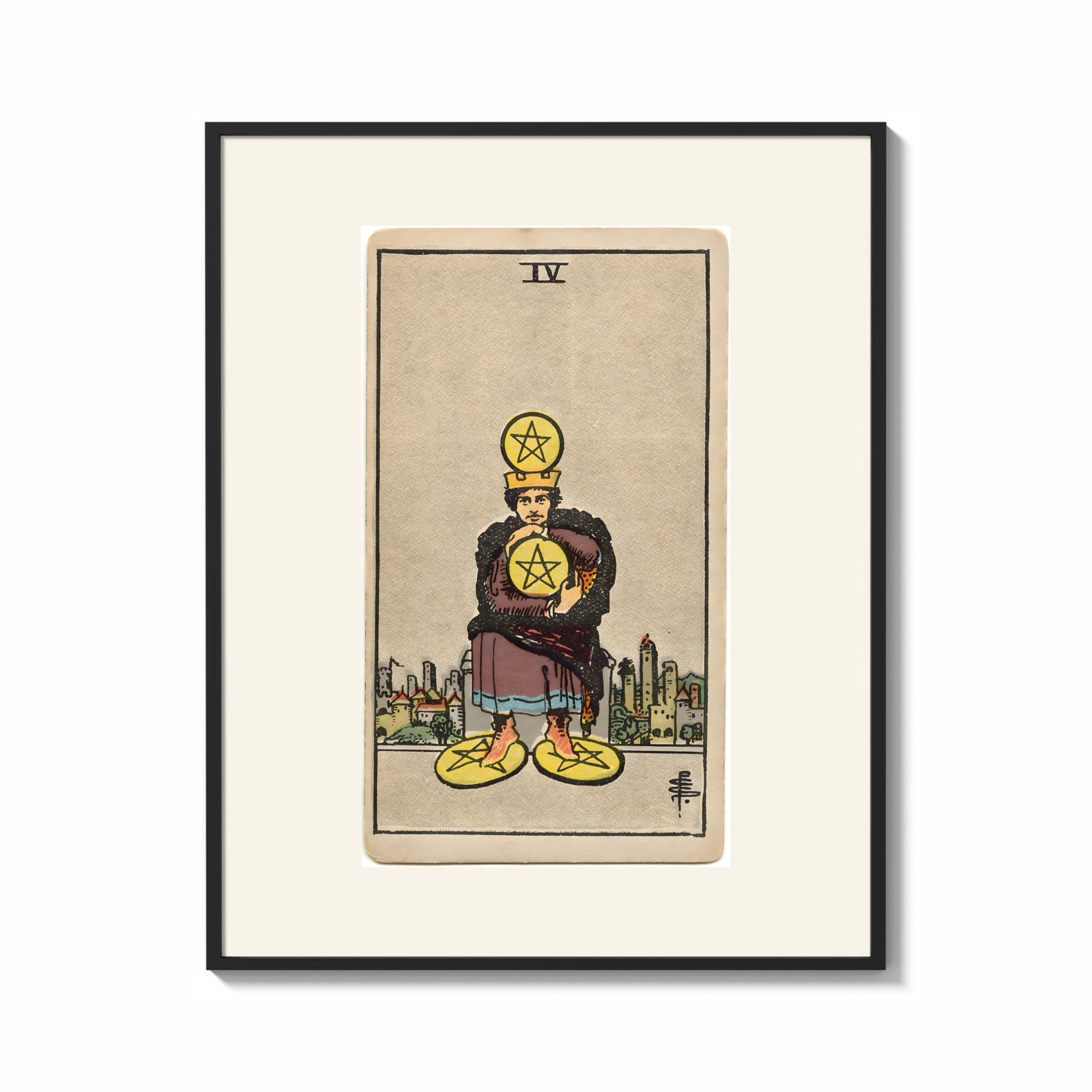 Framed Man clutching gold pentacle coins print shown as a bold statement piece on a clean gallery wall