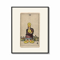 Framed Man clutching gold pentacle coins print shown as a bold statement piece on a clean gallery wall