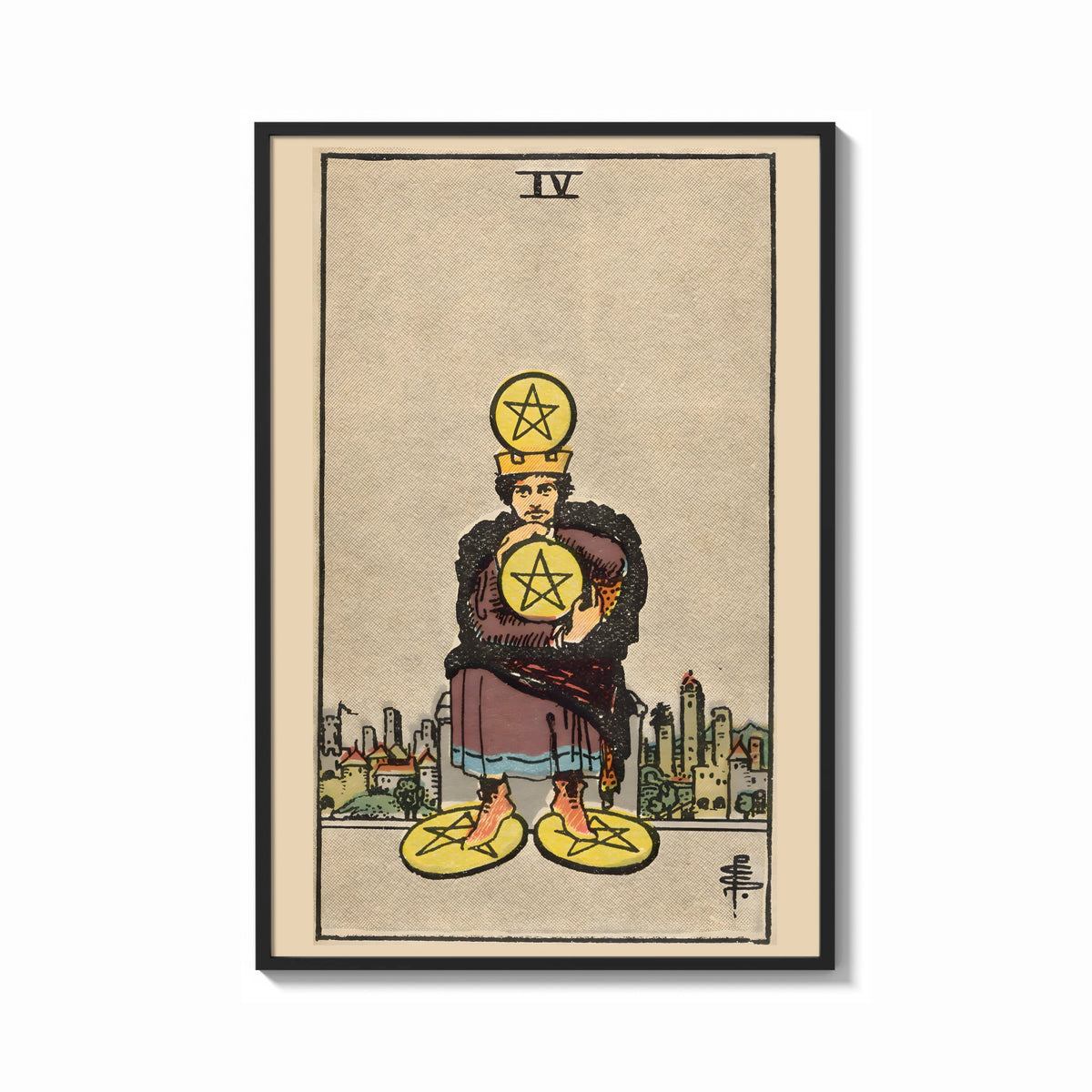 Framed Four of Pentacles print shown as a bold statement piece on a clean gallery wall