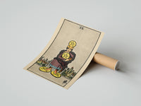 Gently curled Four of Pentacles print beside its protective shipping tube