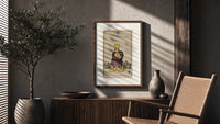 Man clutching gold pentacle coins poster framed above a fluted sideboard beside an olive tree