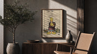 Four of Pentacles poster framed above a fluted sideboard beside a potted tree