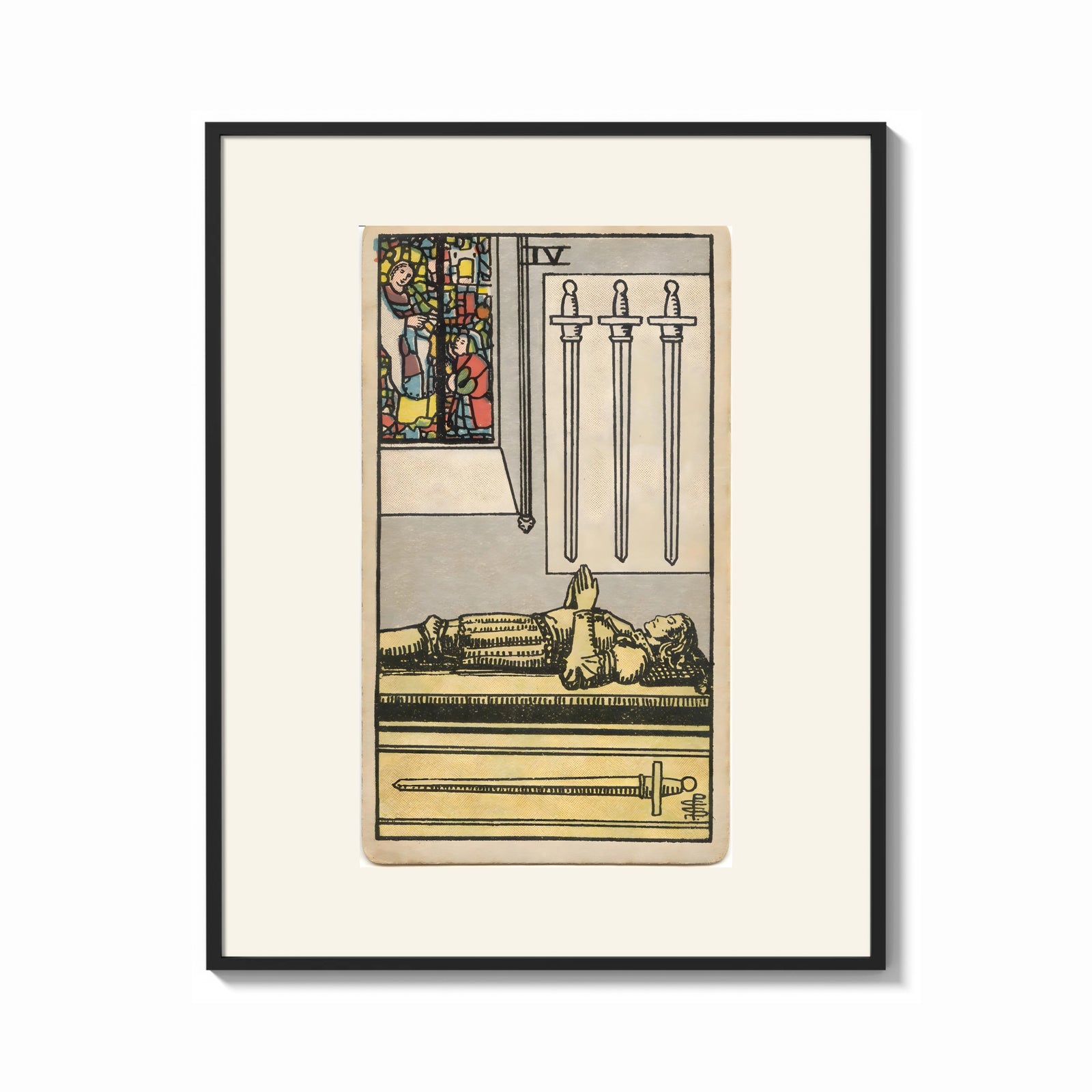 Framed Effigy of knight with three swords print shown as a bold statement piece on a clean gallery wall