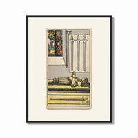 Framed Effigy of knight with three swords print shown as a bold statement piece on a clean gallery wall