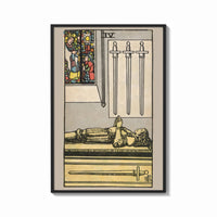 Framed Four of Swords print shown as a bold statement piece on a clean gallery wall