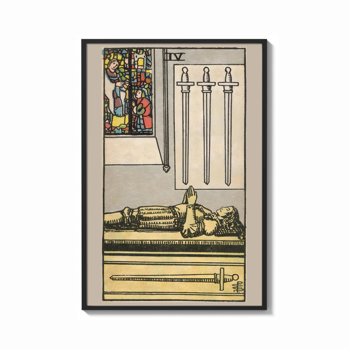 Framed Four of Swords print shown as a bold statement piece on a clean gallery wall