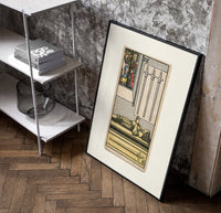 Effigy of knight with three swords poster in a black frame leaning beside a shelf in a raw-plaster loft