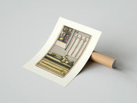 Rolled Effigy of knight with three swords poster beside its crush-resistant kraft shipping tube