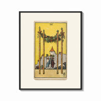 Framed Four Wands tarot card scene print shown as a bold statement piece on a clean gallery wall