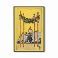 Framed Four of Wands print shown as a bold statement piece on a clean gallery wall