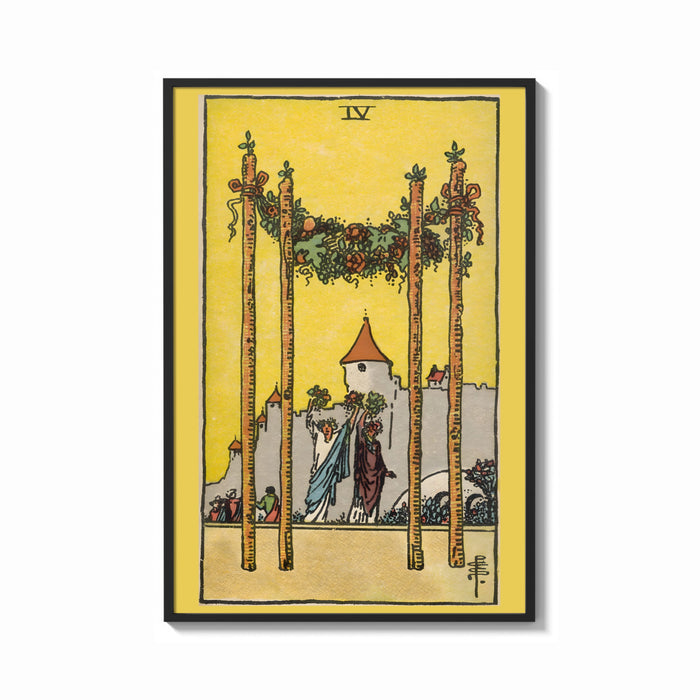Framed Four of Wands print shown as a bold statement piece on a clean gallery wall