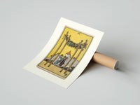 Rolled Four Wands tarot card scene poster beside its crush-resistant kraft shipping tube