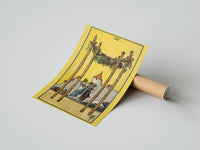 Gently curled Four of Wands print beside its protective shipping tube