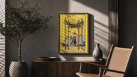 Four of Wands poster framed above a fluted sideboard beside a potted tree