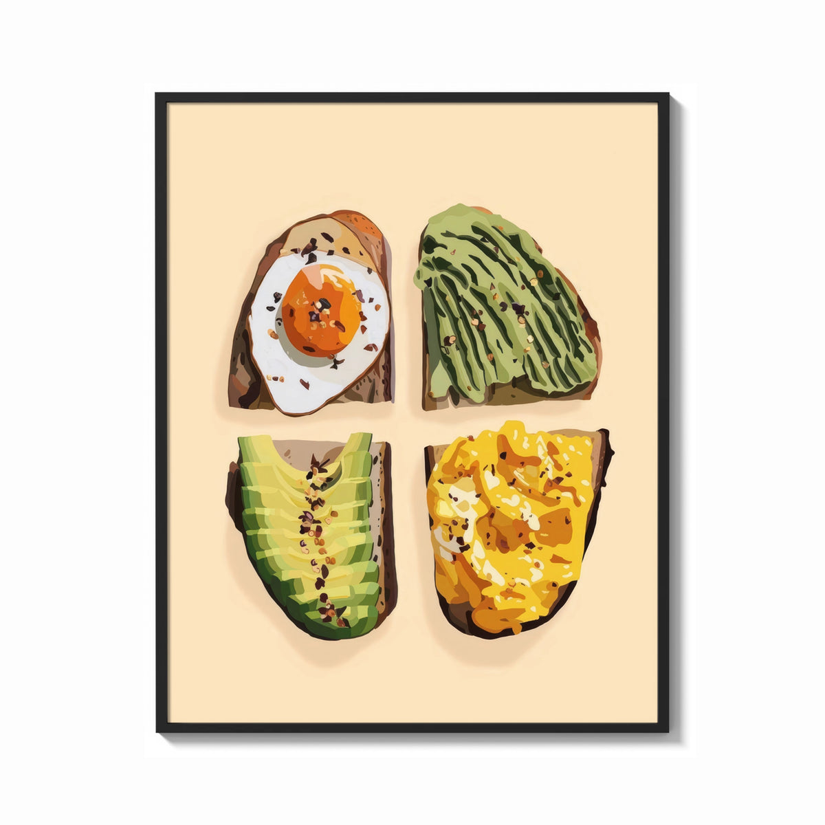 Framed Four Toasts Grid print shown as a bold statement piece on a clean gallery wall