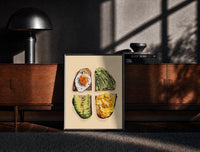 Black-framed Four Toasts Grid print on the floor in front of a dark wooden console