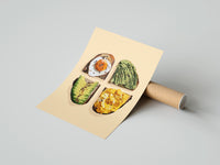 Gently curled Four Toasts Grid print beside its protective shipping tube