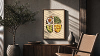 Four Toasts Grid poster framed above a fluted sideboard beside a potted tree