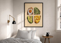 Four Toasts Grid print in a black frame above a bed with striped linens, a brass wall lamp and a sunlit window